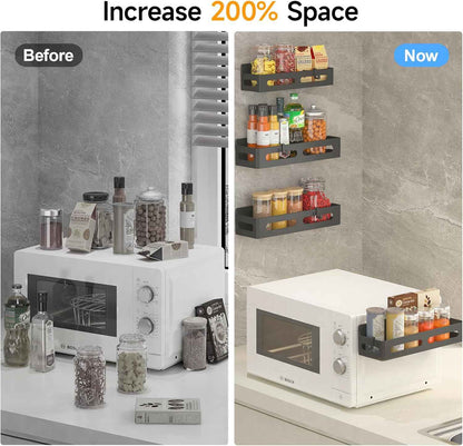 4 Pack Magnetic Spice Rack for Refrigerator, Spice Rack Organizer, Moveable Magnetic Shelf Fridge Organizer with 4 Hooks for Kitchen and Oven Organization, Black