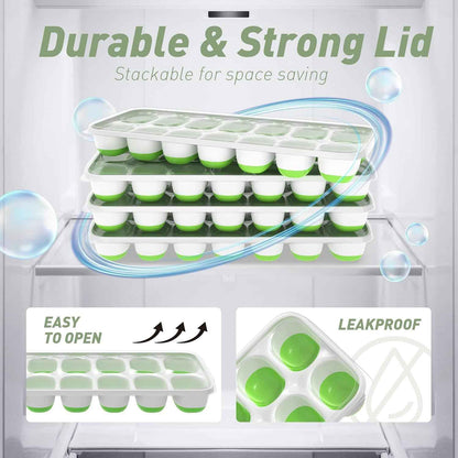 Ice Cube Tray with Lid, 4 Packs 56 Cubes Durable Stackable Ice Cube Trays for Freezer with Removable Lids, Easy-Release Plastic & Silicone Ice Tray for Cocktail, Coffee