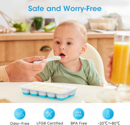 DOQAUS Ice Cube Tray with Lid and Bin, 4 Pack Silicone Plastic Ice Cubes Trays for Freezer with Box/Container, Stackable with Storage Iced Bucket Kits, Scoop, for RV, Soup, Food, Cocktail, Coffee