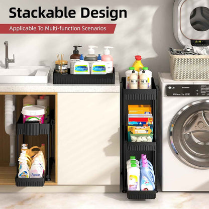 4 Pack Under Sink Organizer, Bathroom Organizers and Storage, 2 Tier Multi-Use Pull Out Cabinet Organizer with Hang Hooks and Cups (Black, 4 Pack)