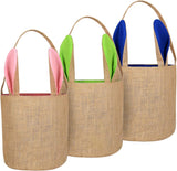 3 pcs canvas bunny print easter egg hunt gift basket with fluffy tails for kids party decoration