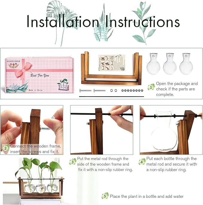 XXXFLOWER Plant Terrarium with Wooden Stand, Air Planter Bulb Glass Vase Metal Swivel Holder Retro Tabletop for Hydroponics Home Garden Office Decoration - 3 Bulb Vase - Cart Shape