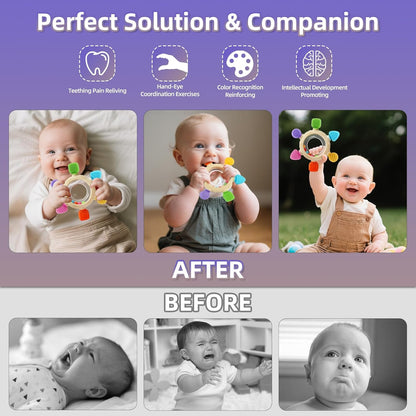Baby Teething Rings Toys for 0-6 6-12 Months Baby Rattle Teether Sensory Toys for Babies 0-24Months Silicone Teether Relief Chew Soothing Sore Gums for Newborn Infant Essentials BPA Free