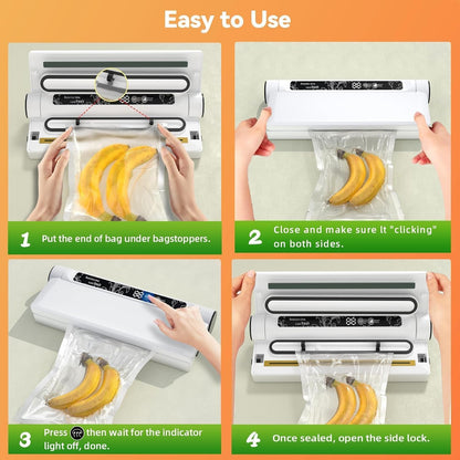 Food Vacuum Sealer Machine, 75KPA Strong Suction, Dry/Wet Modes, 20 Vacuum Seal Bags for Food, Digital Countdown Timer, Compact Lightweight, Ideal for Home Kitchen Use