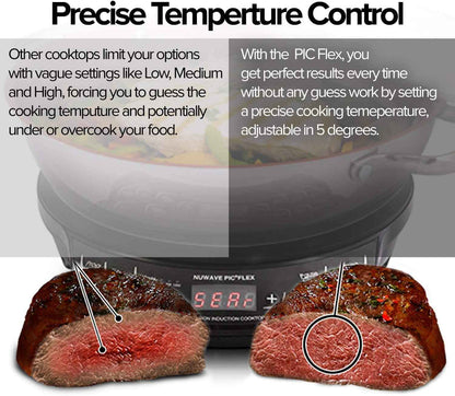 NUWAVE Flex Precision Induction Cooktop, 10.25” Shatter-Proof Ceramic Glass, 6.5” Heating Coil, 45 Temps from 100°F to 500°F, 3 Wattage Settings 600, 900 & 1300 Watts, 9” Duralon Ceramic Pan Included
