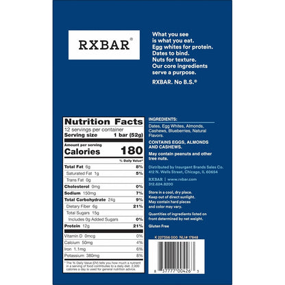 RXBAR Blueberry Protein Snack Bars, 22oz Box, 12 Count, Gluten Free, Kosher Pareve