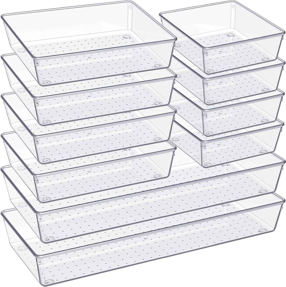 Criusia Drawer Organizer, 10 Pack Large Clear Plastic Set, 3 Size Versatile Bathroom and Vanity Organizer Trays, Storage Bins for Makeup, Bedroom, Kitchen Utensils