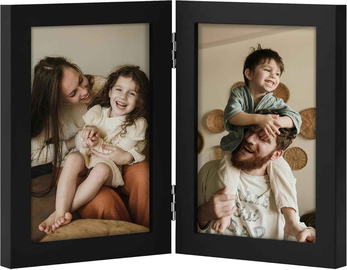 decorUhome Double 4x6 Picture Frame Vertical, Engineered Wood Bifold Photo Frame with Plexiglass for Tabletop Display, 4x6, Black