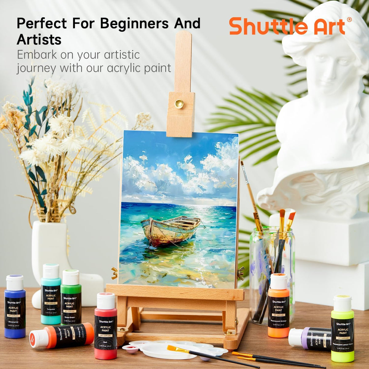 Shuttle Art Acrylic Paint, 50 Colors Acrylic Paint Set, 2oz/60ml Bottles, Rich Pigments, Water Proof, Premium for Artists, Beginners and Kids on Canvas Rocks Wood Ceramic Fabric