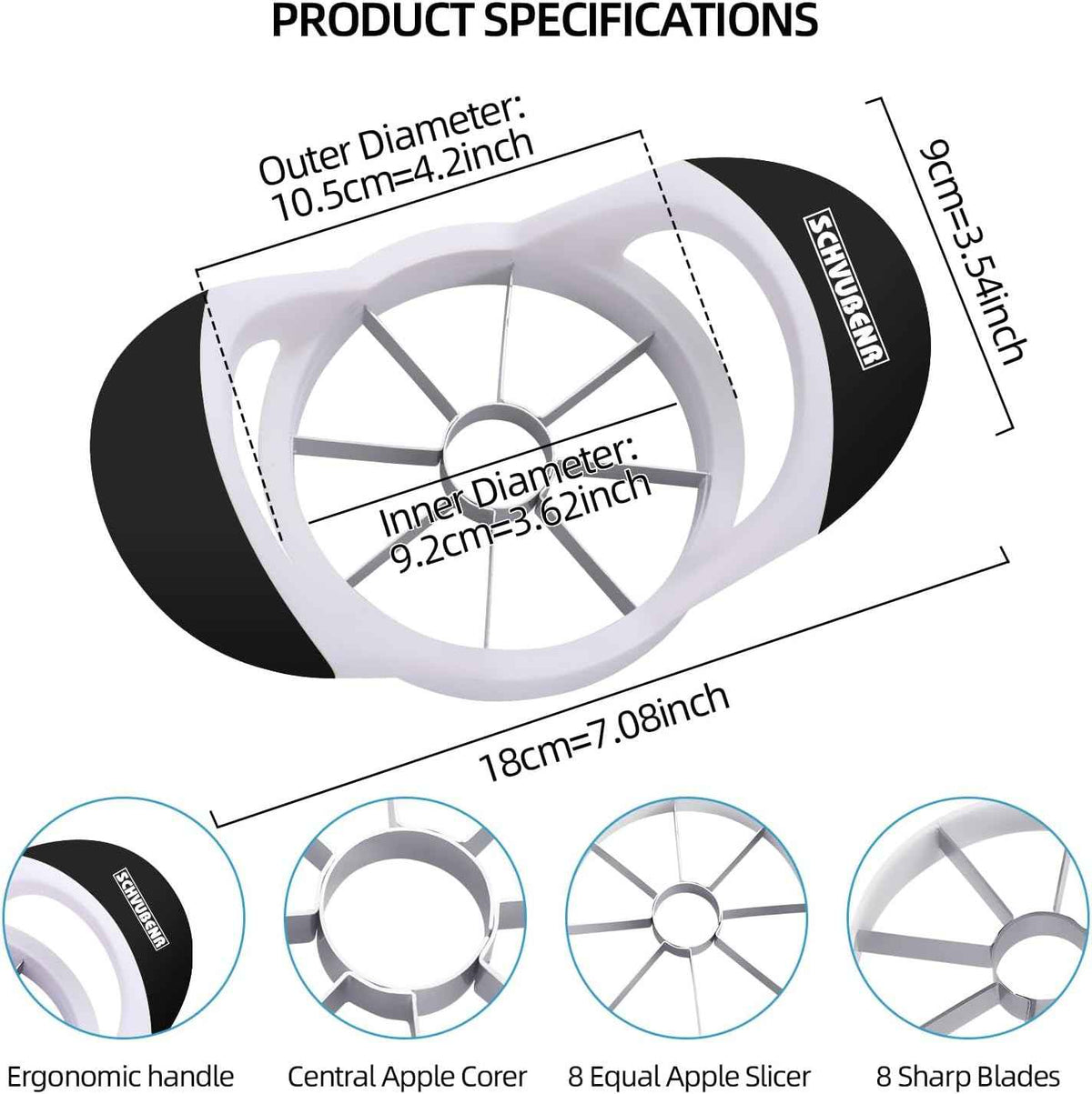 SCHVUBENR 3.5 Inch Apple Slicer - Professional Apple Cutter - Stainless Steel Apple Corer - Super Sharp Apple Slicer and Corer - Apple Tool with 8 Sharp Blades(Black)