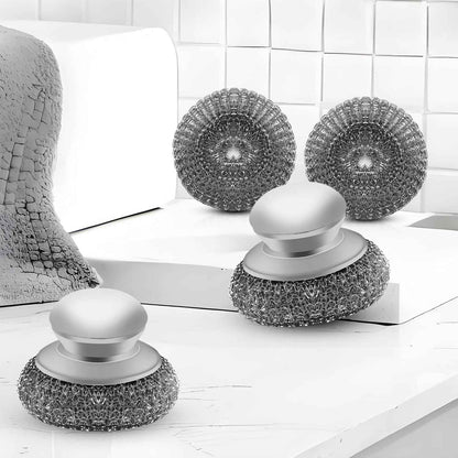 Stainless steel wool scrubber with 2 replacement pads for cleaning metal pans, pots, grills, and more