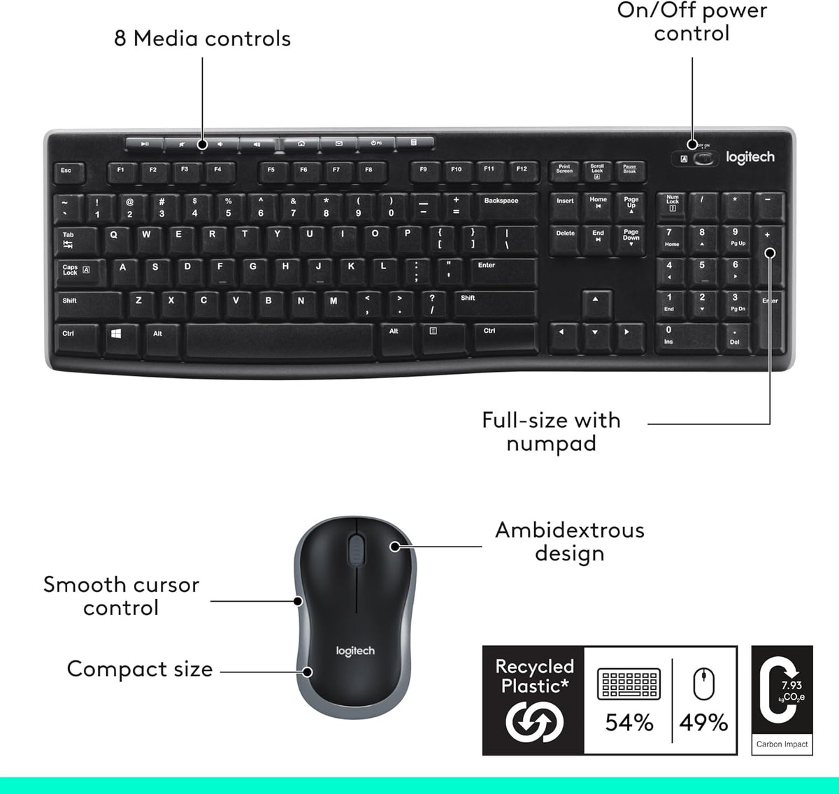 Logitech MK270 Wireless Keyboard and Mouse Combo for Windows, 2.4 GHz, 8 Multimedia Keys, PC, Laptop, Wireless Keyboard Compact Mouse Combo - Black