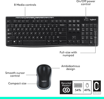Logitech MK270 Wireless Keyboard and Mouse Combo for Windows, 2.4 GHz, 8 Multimedia Keys, PC, Laptop, Wireless Keyboard Compact Mouse Combo - Black