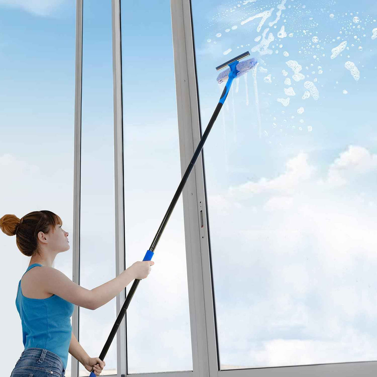 VITEVER Professional 69'' Window Squeegee Cleaner Tool with Extension Pole, 2-in-1 Squeegee for Window Cleaning Kit with Scrubber and Rotating Head, 1 Blade 2 Scrubber