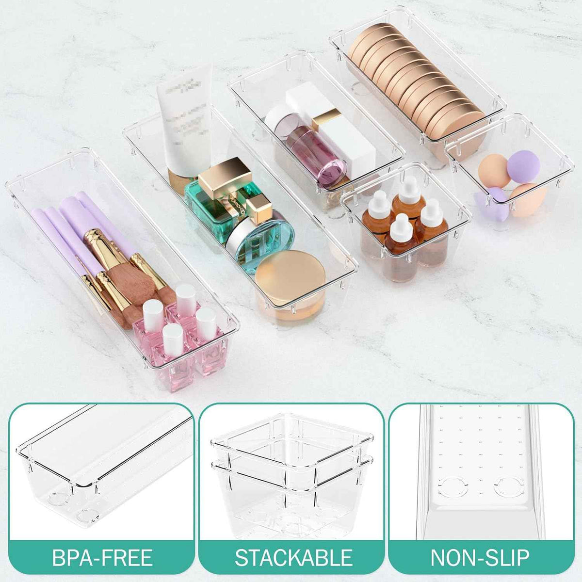 WOWBOX Clear Drawer Organizer Set, 6 Pack Acrylic Storage Trays with Premium Material and Stackable Design