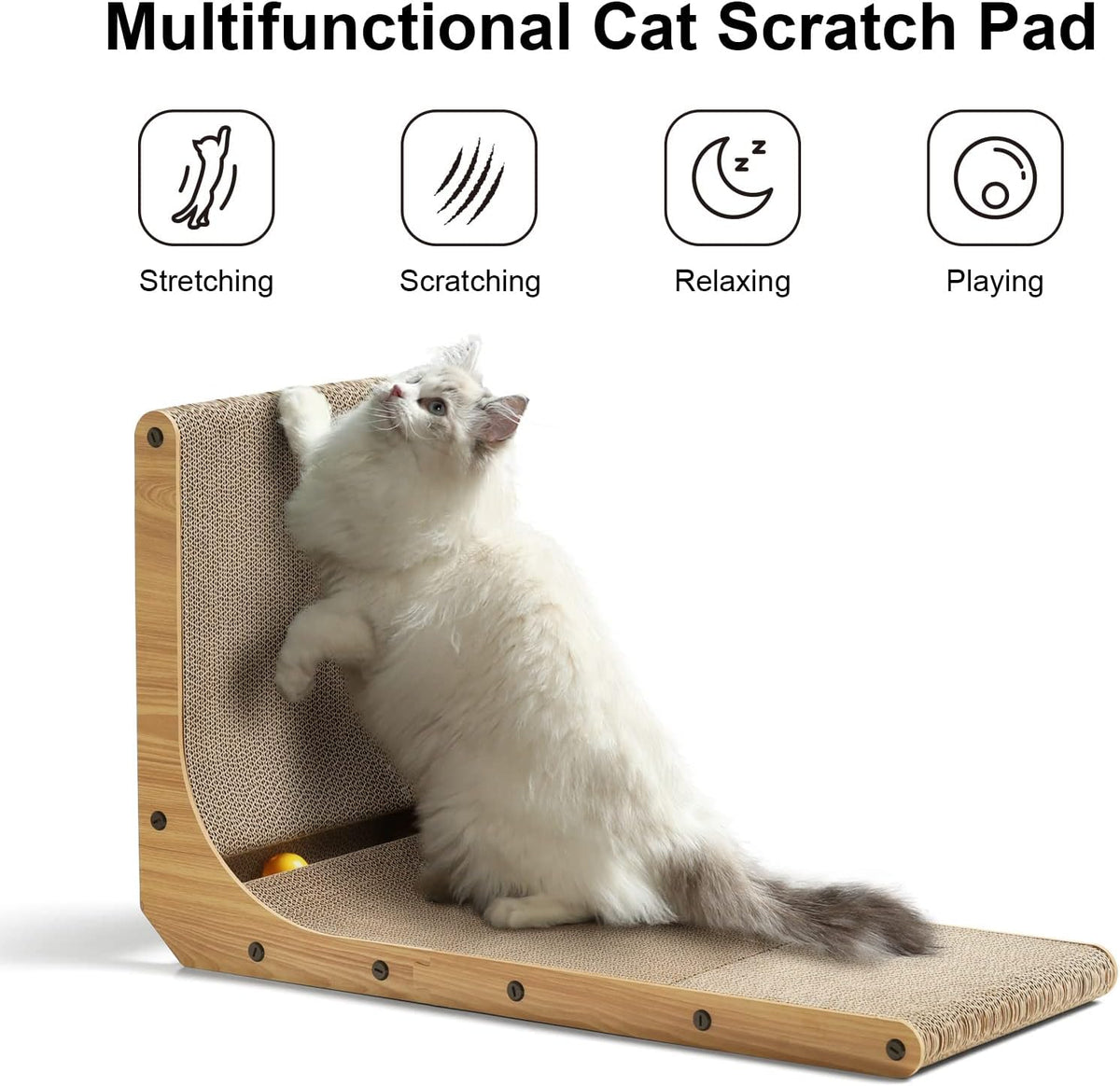 FUKUMARU Cat Scratcher, 26.8 Inch L Shape Cat Scratch Pad Wall Mounted, Cat Scratching Cardboard with Ball Toy for Indoor Cats, Large Size