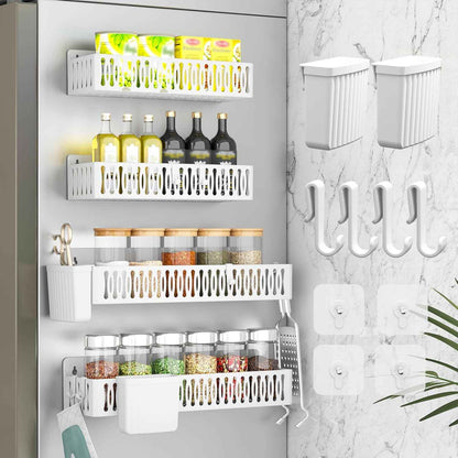 4 Pack Magnetic Spice Rack for Refrigerator, Spice Rack Organizer, Moveable Magnetic Shelf Fridge Organizer with 4 Hooks for Kitchen and Oven Organization, Black