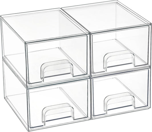 Vtopmart 4 Pack Small Clear Stackable Storage Drawers,Acrylic Bathroom Makeup Organizer,Plastic Storage Bins For Vanity, Undersink, Kitchen Cabinets, Pantry, Home Organization