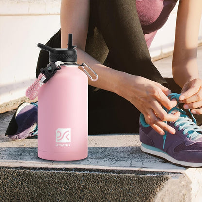 Insulated Water Bottle | Thickened Stainless Steel Vacuum Metal Thermos | Portable Sports Half Gallon Large Water Jug for Gym and Hiking with Straw, Carrier Bag, Handle Strap | BPA-Free 64 oz