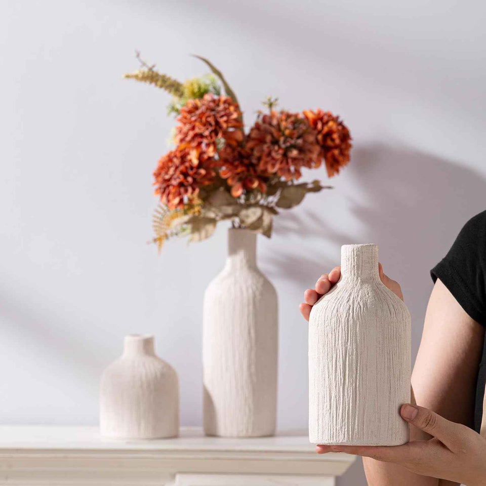 Ceramic Vase Home Table Decor - White Flower Vase Set of 3 Living Room Kitchen Decorations Farmhouse Modern Rustic Vases Decorative Centerpiece for Shelf Bedroom Office Bathroom Dining Coffee Desk