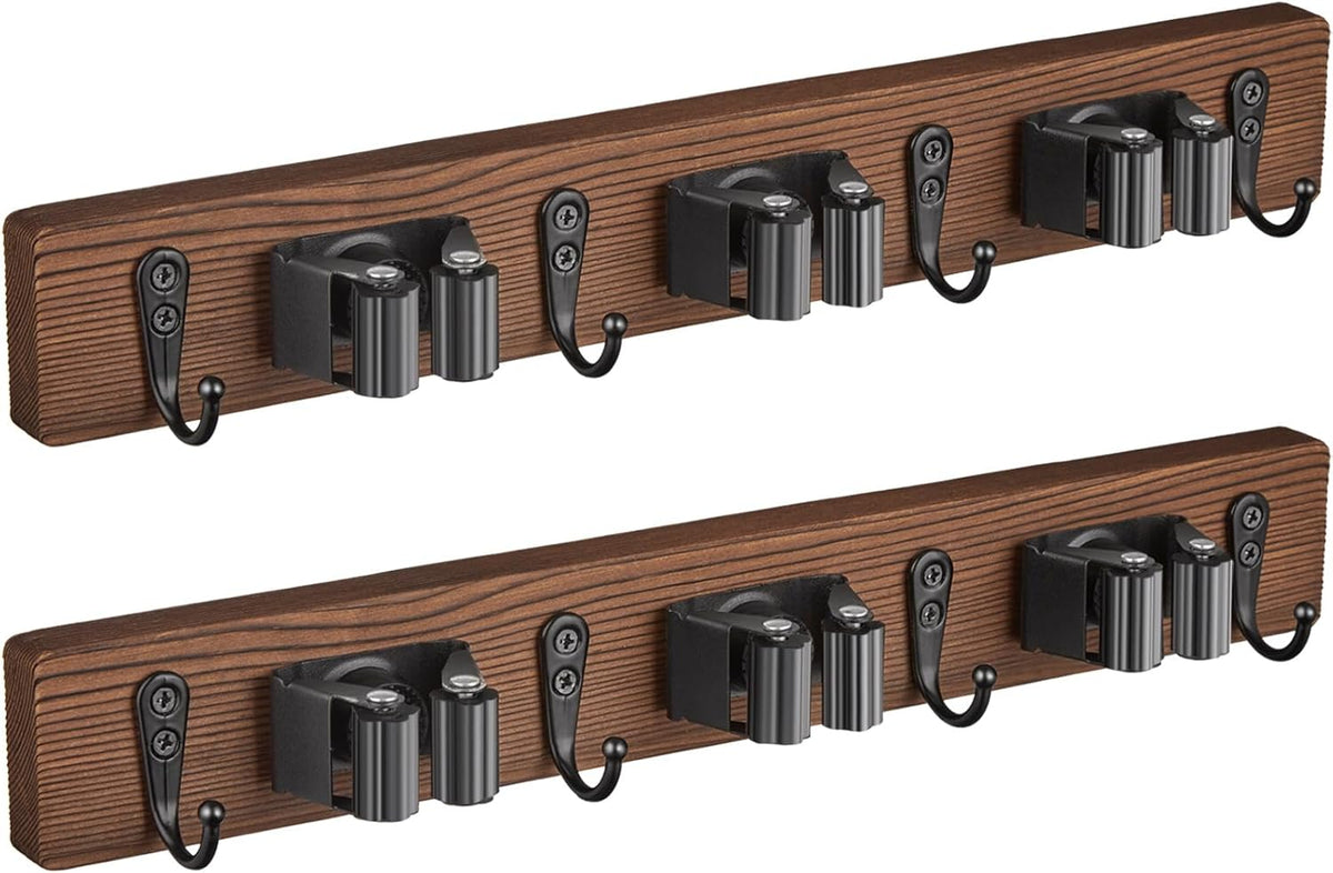 Mop and Broom Holder Wall Mount - Rustic Wood Broom Mop Hanger - Wall Mounted Garden Tool Rack Organizer for Closet Garage Laundry Room Kitchen Decor With 4 Slots & 4 Hooks - Rayz Mart