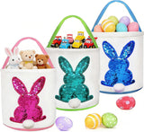 3 pcs canvas bunny print easter egg hunt gift basket with fluffy tails for kids party decoration