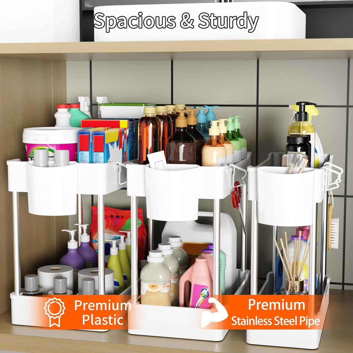 3 Pack Under Sink Organizers and Storage, 2 Tier Bathroom Cabinet Organizer Shelf with Hanging Cups for Kitchen & Bathroom (White)