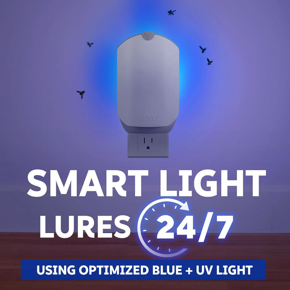 Zevo 2 Flying Insect Traps & 2 Refill Cartridges - Plug in Fly Trap & Indoor Bug Catcher for Gnats, House & Fruit Flies - Blue & UV Light Technology, Mess-Free Alternative to Bug Zapper