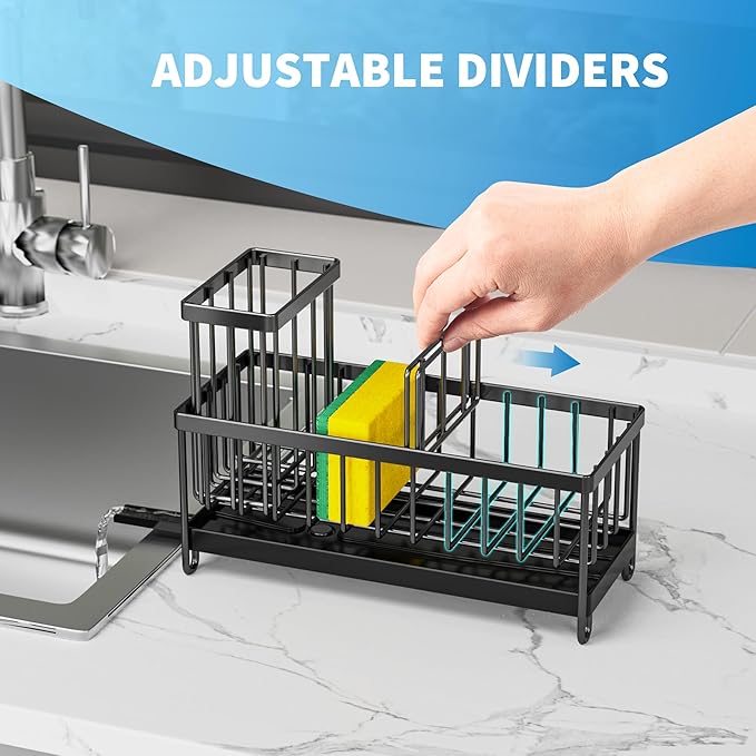Cisily Black Sponge Holder for Kitchen Sink, Sink Caddy Organizer with High Brush Holder, Kitchen Countertop Organizers and Storage Essentials, Rustproof 304 Stainless Steel, Soap Dispenser Organize