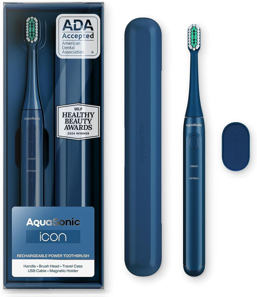 Aquasonic Icon ADA-Accepted Rechargeable Toothbrush with Magnetic Holder & Slim Travel Case | 2 Modes & Smart Timers | Gentle Micro-Vibrations