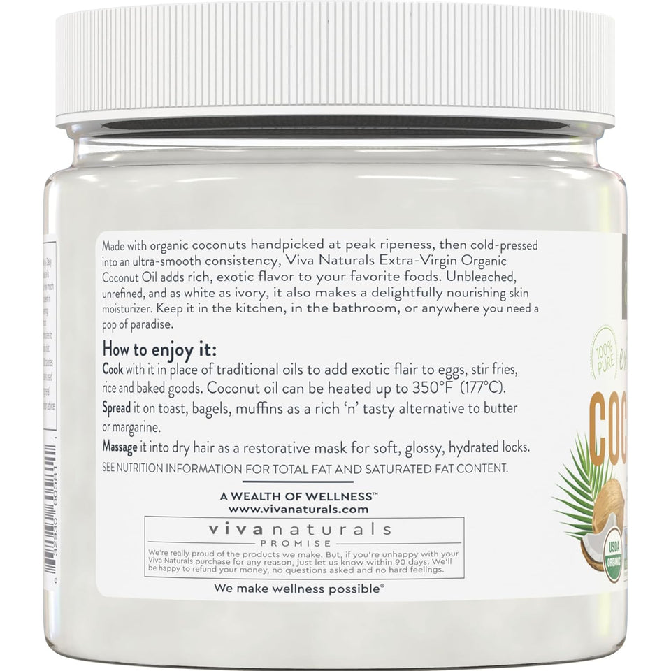 Viva Naturals Organic Coconut Oil, 16 fl oz, Unrefined, Cold-Pressed Extra Virgin, USDA Organic & Non-GMO