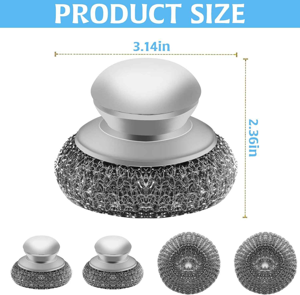 stainless steel wool scrubber with 2 replacement pads for cleaning metal pans pots grills