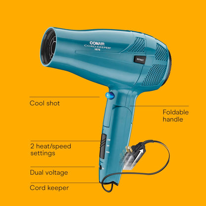 Conair Cord-Keeper Dryer with Folding Handle and Retractable Cord, 1875W Travel Hair Dryer, Ionic Technology, Teal