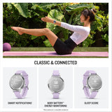 Garmin Lily® 2 Active, Small and Stylish Smartwatch, Built-in GPS, Hidden Display, Patterned Lens, Up to 9 Days Battery Life, Silver with Purple Jasmine Silicone Band