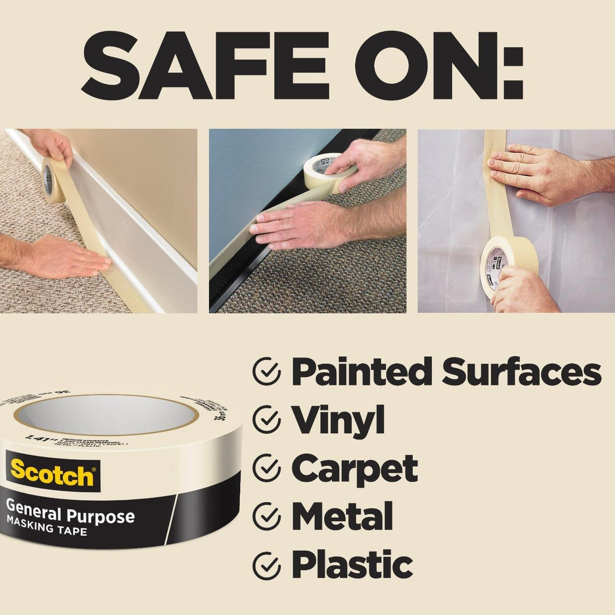 Scotch General Purpose Masking Tape, 1.88 in x 60.1 yd, Beige, Sticks for Up to 5 Days, Removes Easily Without Leaving Sticky Residue, Easy-to-Tear Masking Tape (2050-48MP)