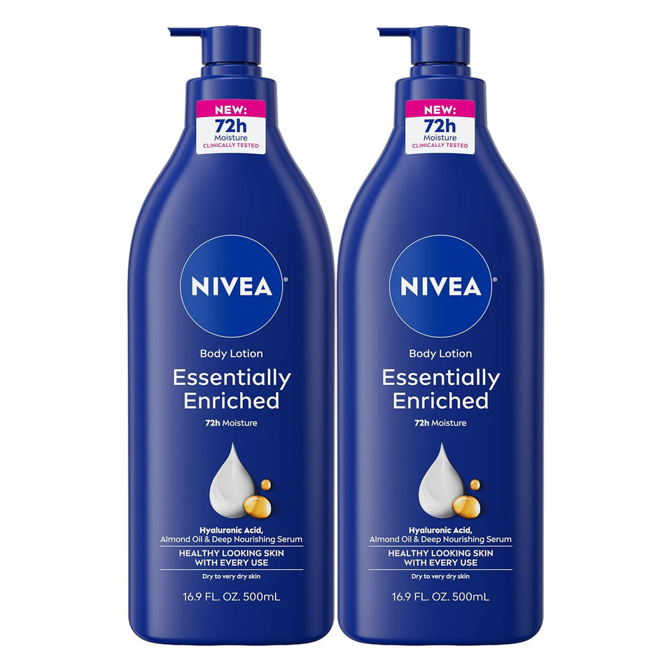 nivea essentially enriched body lotion for dry skin with hyaluronic acid, 16.9 fl oz, pack of 2