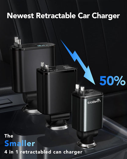 Retractable Car Charger Adapter for iPhone 17,4 in 1 Fast Charging Car Phone Charger,69W USB C Car Truck Accessories,Road Trip Essentials Gift for Men Women for iPhone 17 Pro Max/16/15/14/13/12,Galaxy