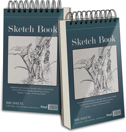 Small Sketchbook 5.5" x 8.5" - 2 Pack Top Spiral Mini Sketch Pad, Small Sketch Book Hard Cover, 100 Sheets Each 68lb/100gsm - Mini Drawing Paper for Kids, Portable Drawing Pad for Beginners & Artists.