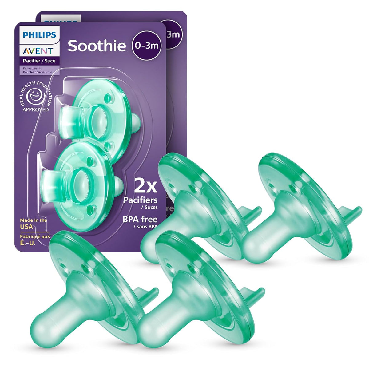 Philips Avent Soothie Baby Pacifiers - 100% Silicone Pacifiers for Babies 0-3 Months, One-Piece Design, BPA-Free, Extra Durable, Green, 4 Pack, Model SCF190/41