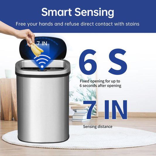 BestOffice | 13 Gallon Trash Can with Lid | Automatic Touchless Garbage Can | Odor Control | Modern Oval Design | Easy to Clean | Stainless Steel | Fits Any Kitchen, Bathroom, Office or Home