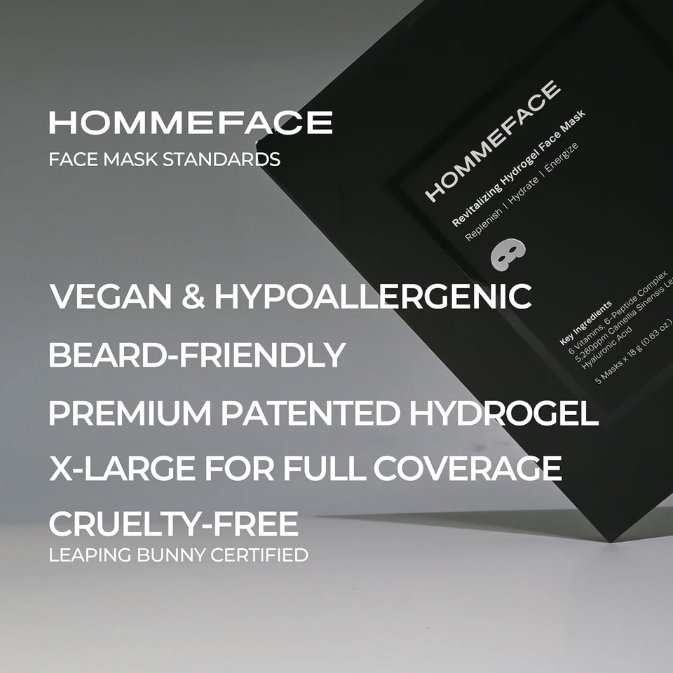 HommeFace men's 5ct hydrogel facial mask set with hyaluronic acid and peptides for hydrating and anti-aging skincare