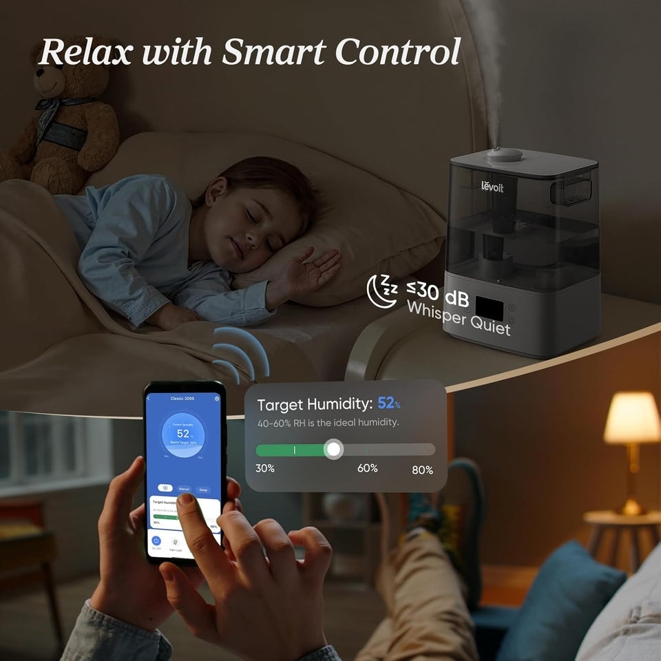 LEVOIT Humidifiers for Bedroom Large Room Home, (6L) Cool Mist Top Fill Essential Oil Diffuser for Baby & Plants, Smart App & Voice Control, Rapid Humidification & Auto Mode - Quiet Sleep Mode, Gray