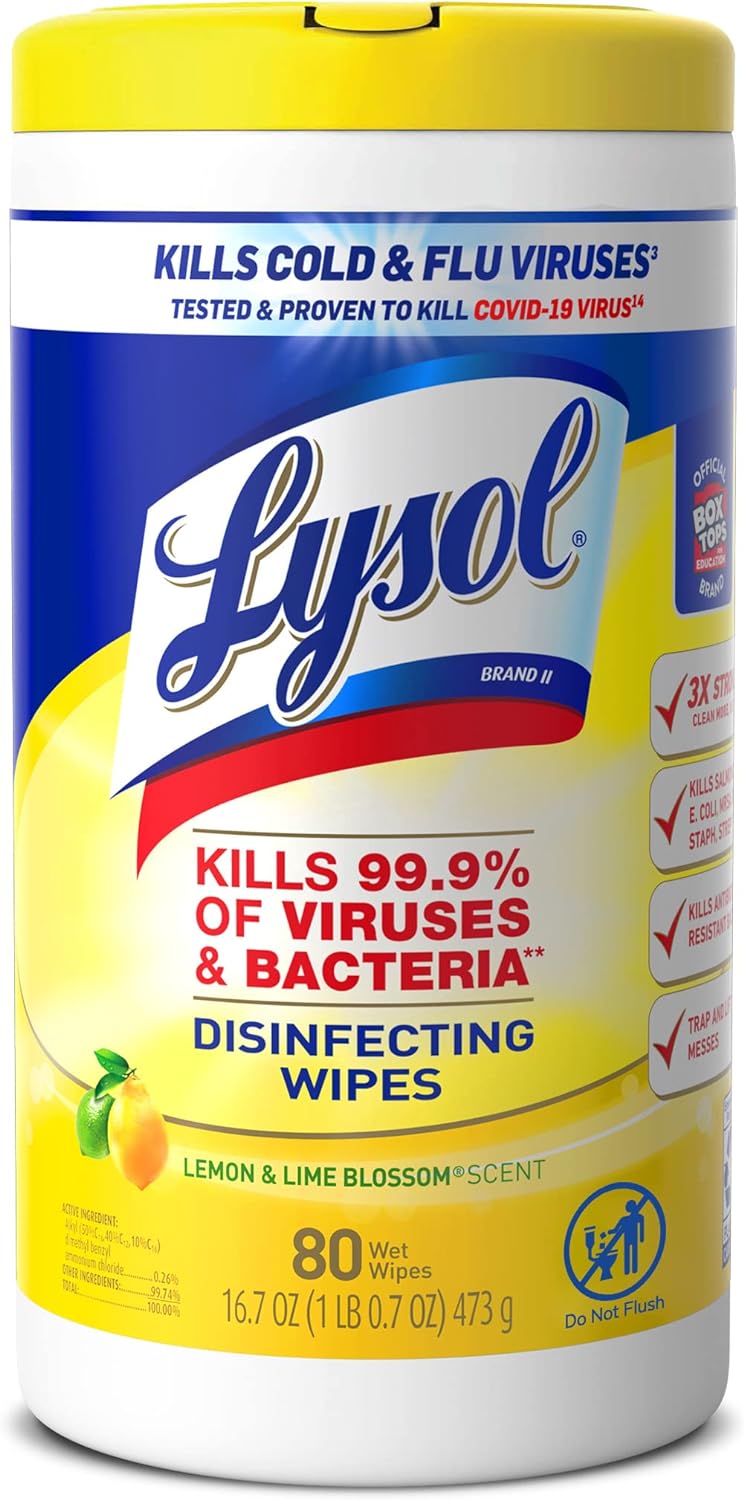 Lysol Disinfecting Wipes Bundle, Home Apartment Dorm Room Essentials and Cleaning Supplies, All Purpose Cleaner, Multi-surface Cleaning Wipes, Lemon and Lime Sanitizing Wipes Bundle, 80 Count