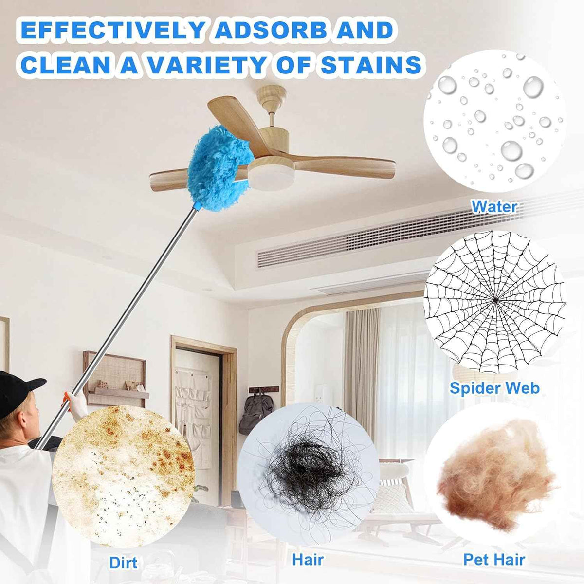 Storystore Ceiling Fan Cleaner Duster with Adjustable Extension Pole and Removable Fan Blade Cleaner 13 to 49.7 inches Blue