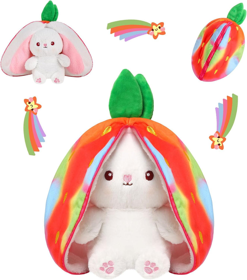 miaodam strawberry bunny reversible cuddle bunny plush zipper transformed rabbit toy