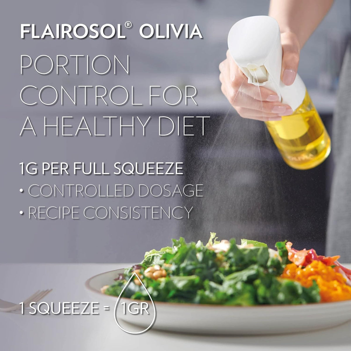 FLAIROSOL OLIVIA. The Original Advanced Oil Sprayer for Cooking, Salads, BBQs and More, Continuous Spray with Portion Control, Trusted by Chefs. Patented Technology. (Glass Bottle) (Gold Print)