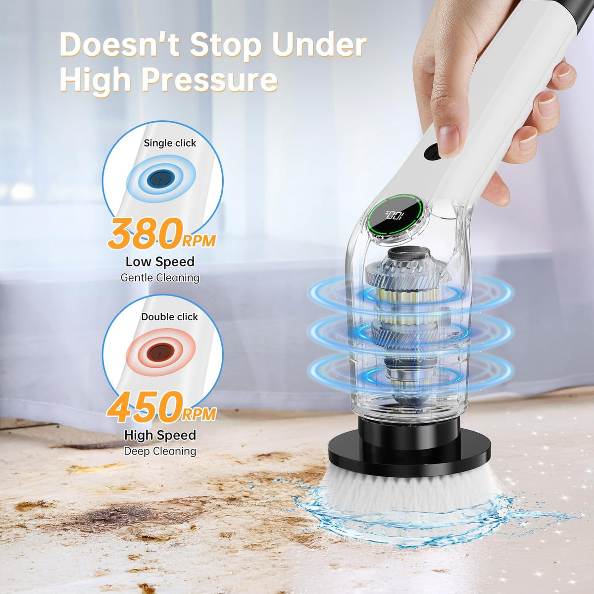 Electric Spin Scrubber, Cordless Shower Scrubber with 8 Scrub Brush, 2 Speed with Adjustable Extension Handle, Battery Level Display, Power Scrubber for Bathroom Bathtub Tile Floor (Black)