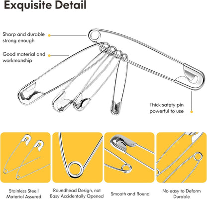 Huhuhero 160Pcs Safety Pins, Large & Small Safety Pins for Clothes Sewing Craft, Nickel Plated Steel Assorted Size Pins Bulk, Art and Craft Supplies (Sliver)