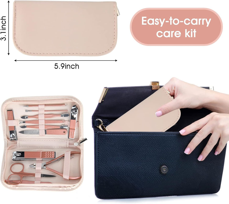Nail clippers and beauty tool portable set with 12 in 1 manicure kit and pink leather bag