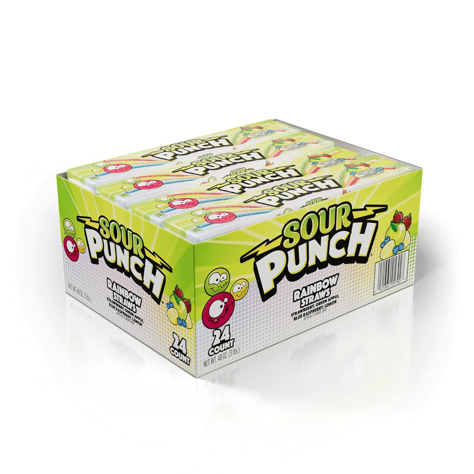 sour punch rainbow fruit flavors chewy sweet sour candy 24 pack tray 2oz